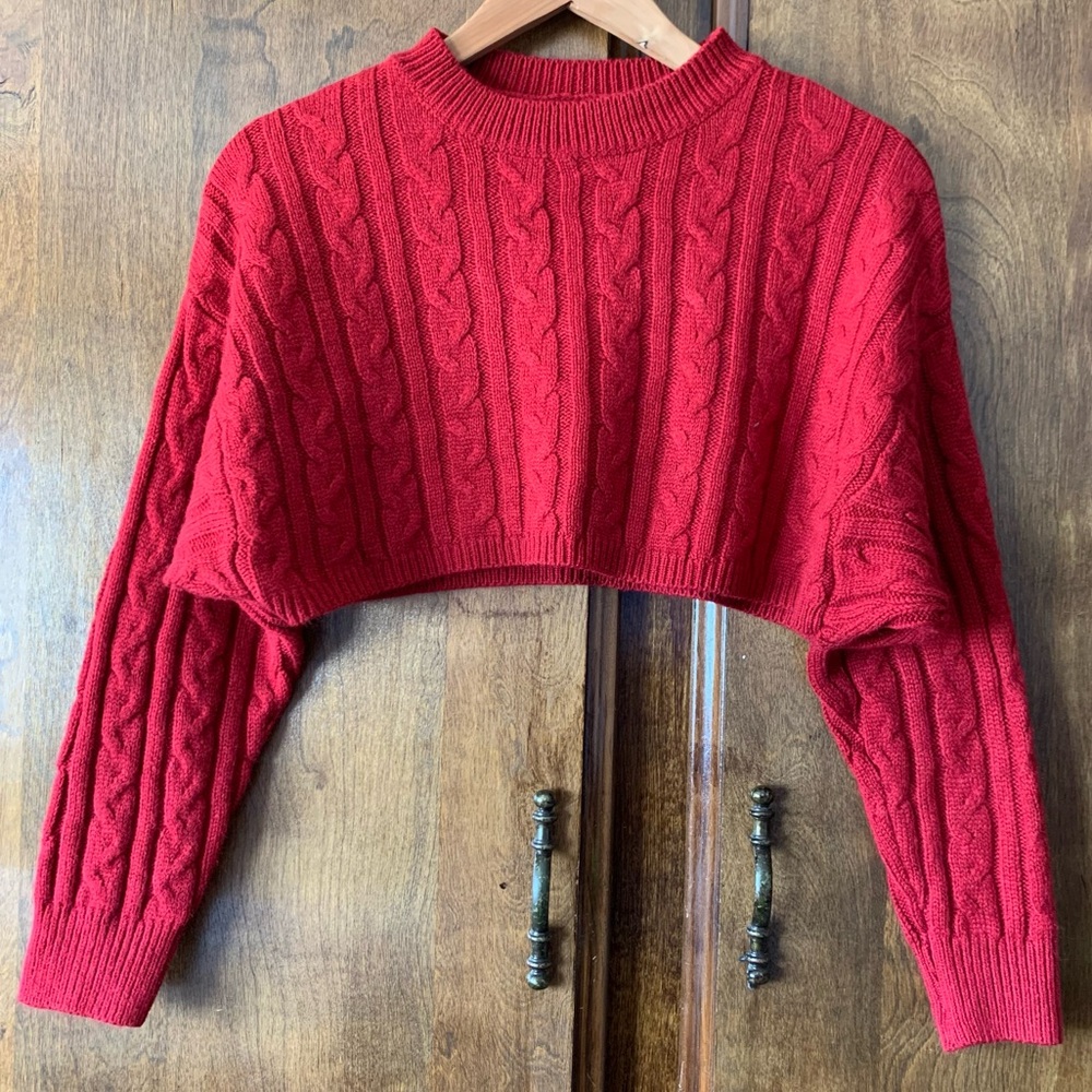 Red Cable-Knit Cropped Sweater
